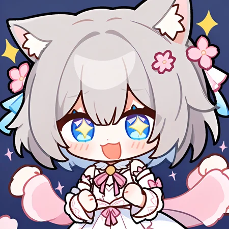 1girl,solo,cherry blossoms,hair flower,pink flower,hair ribbon,cat ears,animal ear fluff,grey hair,short hair,bangs,blue eyes,hair between eyes,eyebrows visible through hair,blush,neck ribbon,white dress,frilled collar,medium dress,petticoat,detached sleeves,flat chest,
looking at viewer,sparkle,sparkling eyes,front view,:d,^^^,anticipation,hands up,clenched hands,raised forearms,
simple background,blue background,
<lora:ag31-honkai_star_rail_expression_2-000036:1>,