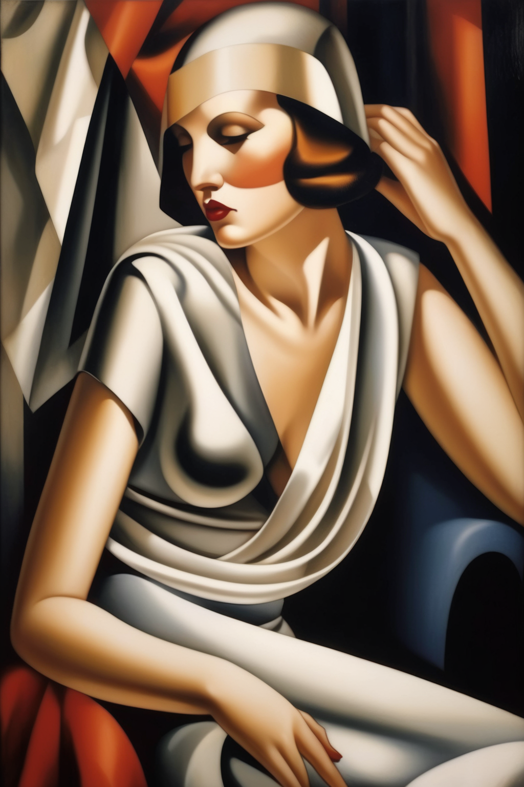 <lora:Tamara De Lempicka Style:1>Tamara De Lempicka Style - woman sitting sideways with her head tilted back