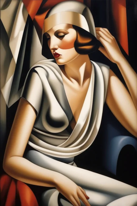 <lora:Tamara De Lempicka Style:1>Tamara De Lempicka Style - woman sitting sideways with her head tilted back