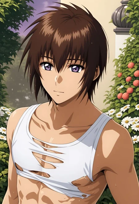 ASCII kira_yamato, hair parting left, 1man, mature adult male focus, (torn damaged white undershirt ripped apart), solo, slim, thin waist, warm beige skin, brown hair,
detailed symmetric glossy eyes, expressive eyes, large purple eyes, looking at the viewer,
sexy posing, peaceful garden background, white gazebo, sweaty,
detailed torso, full body portrait,
masterpiece, best quality, ultra high res, intricate detail, clamshell warm lighting