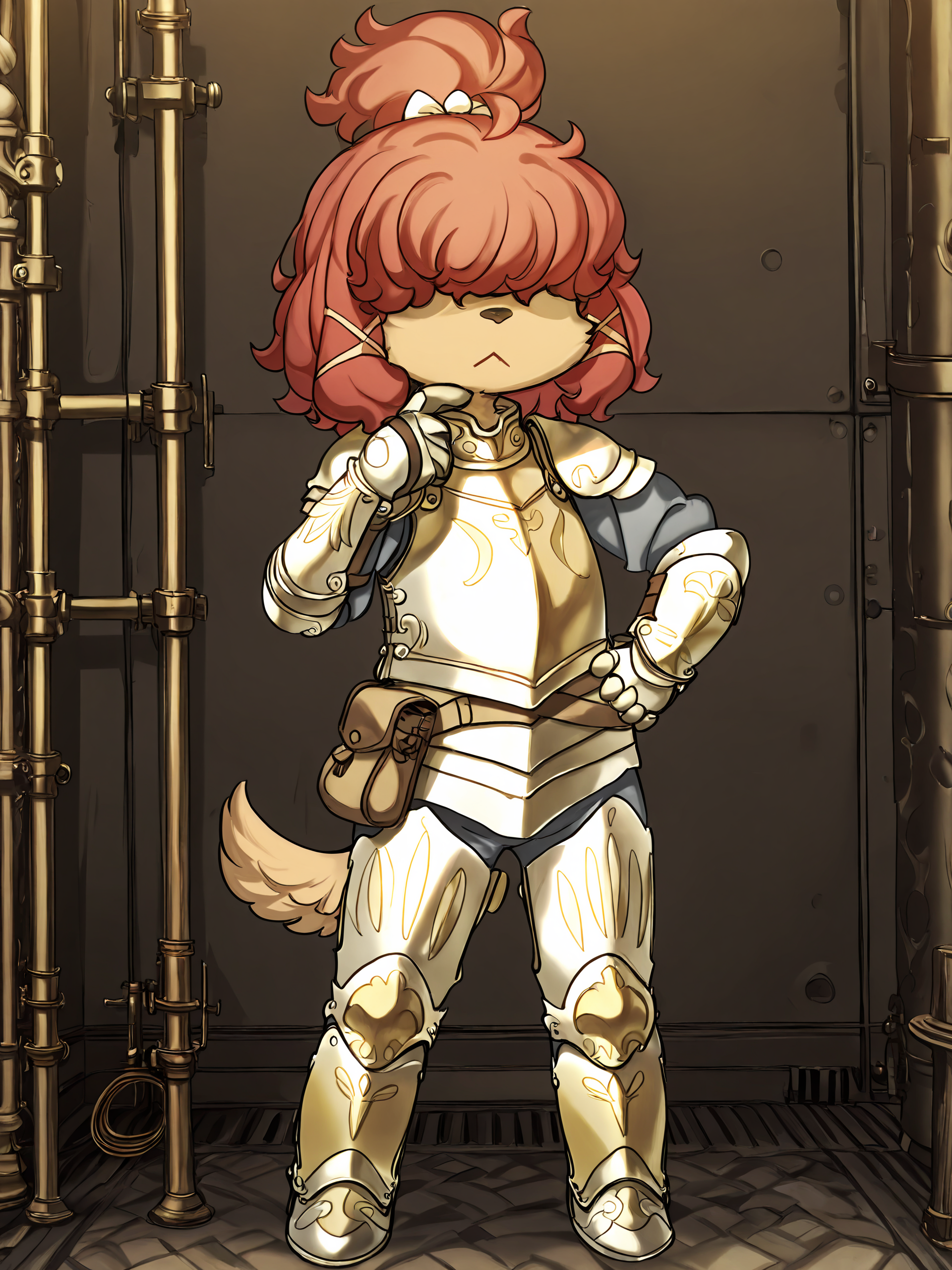 BREAK, <lora:Wappa_Charlotte:1>, Wappa Charlotte, Fuga: Melodies of Steel, kemono, furry female, young female, 1girl, dog girl, tan fur, hair over eyes, red hair, bangs, dog tail, Fuga 3 appearance, ponytail, hair bow,
BREAK, Fuga 3 Outfit, white and gold plate armor,form fitting cuirass, pauldrons, vambraces, gauntlets, greaves, gold filigree, brown pouch,
BREAK, solo, full body, inside, metal walls, pipes, hand on hip, finger on chin, :<, confused,