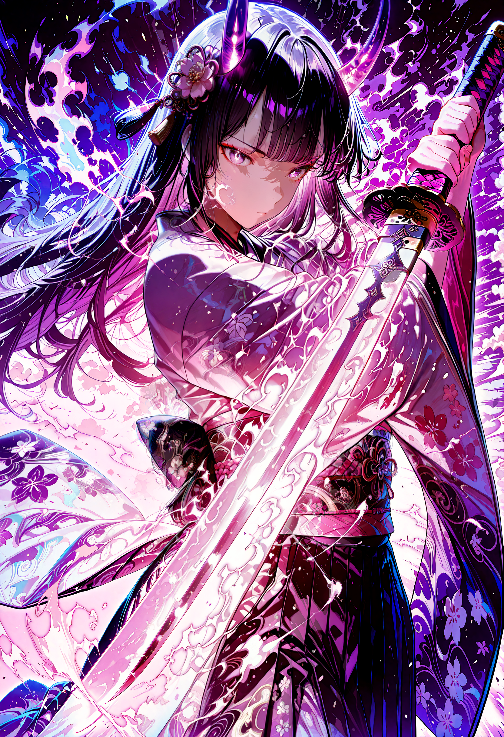 1girl, weapon, sword, solo, long hair, hair ornament, black hair, illuminated horns, holding weapon, holding, japanese clothes, katana, holding sword, bangs, purple theme, sash, purple eyes, kimono, wide sleeves,no expression, anime shading, crisp lines, anime lineart, glowing sword, crackling energy around sword, battle stance, 
 nyonku, detailed background, detailed foreground,detailed clothing, vibrant colors, detailed hair,masterpiece, best quality,detailed eyes, detailed skin,skin folds,light particles, bokeh,volumetric lighting, dramatic lighting,cinematic,dark,shadow, shallow depth of field, natural light,cinematic shading