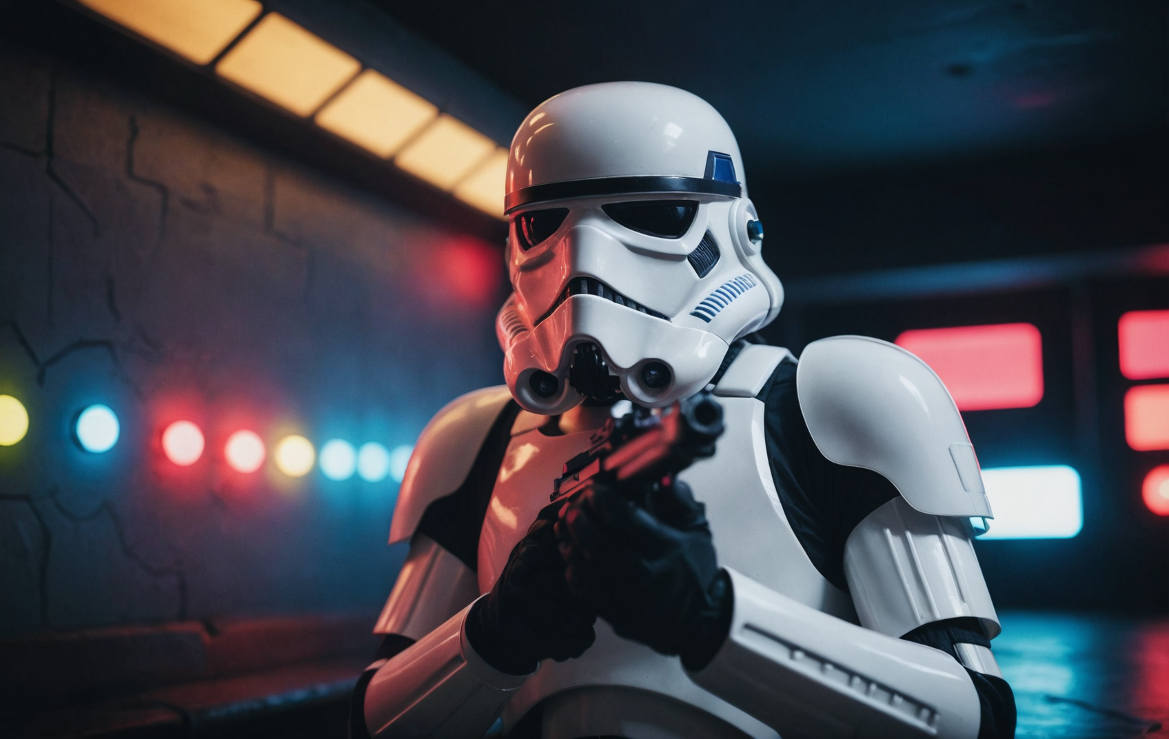 cinematic film still, Storm Trooper, colored lights, amazing quality, wallpaper, analog film grain <lora:aesthetic_anime_v1s:0.5>  <lora:add-detail-xl:1.1>