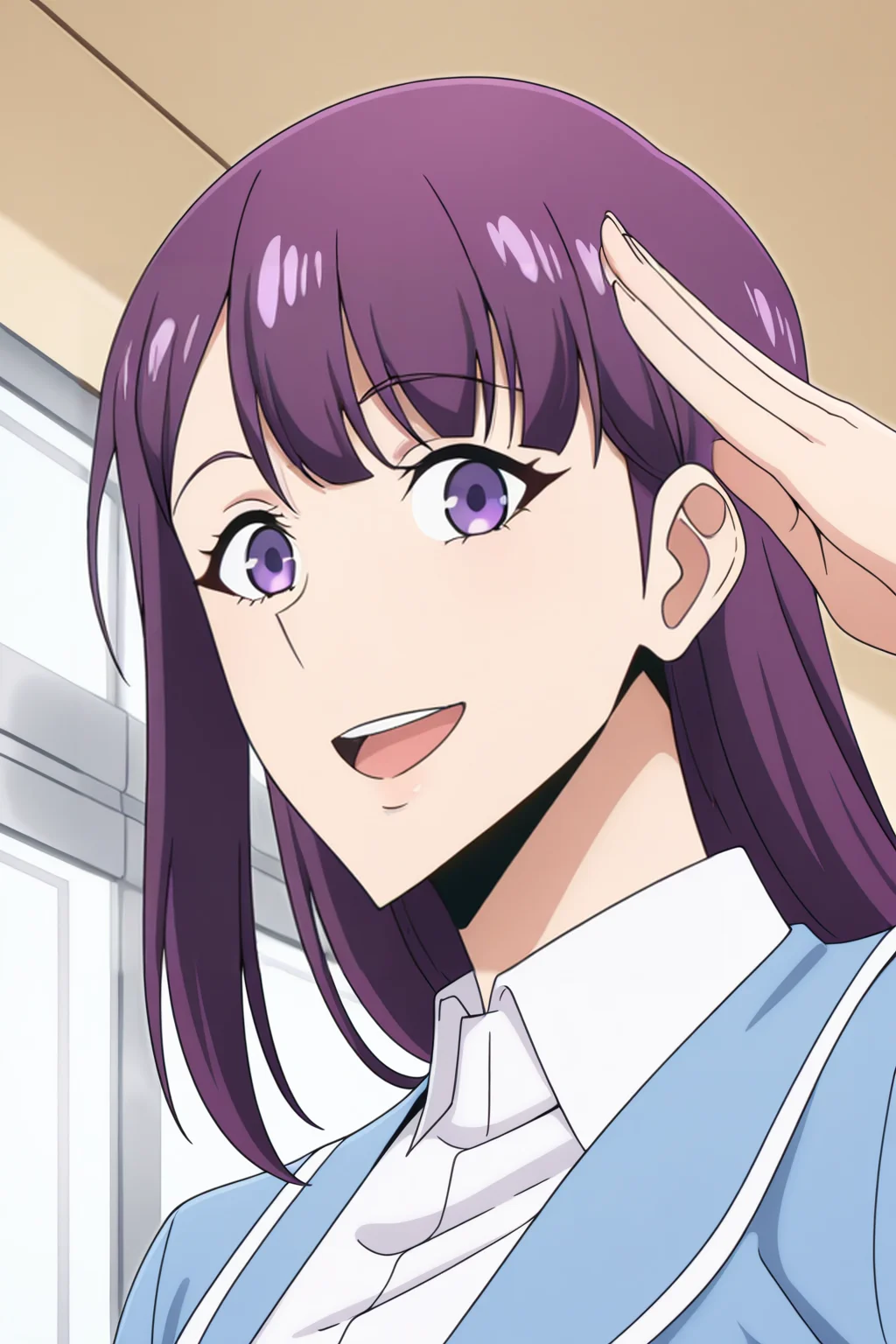 <lora:SoloLeveling:1>, SoloLeveling, 1girl, purple eyes, solo, looking at viewer, open mouth, smile, school uniform, purple hair, long hair, salute, jacket, :d, shirt, blue jacket, white shirt, indoors, collared shirt,