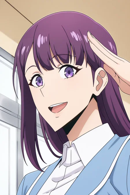<lora:SoloLeveling:1>, SoloLeveling, 1girl, purple eyes, solo, looking at viewer, open mouth, smile, school uniform, purple hair, long hair, salute, jacket, :d, shirt, blue jacket, white shirt, indoors, collared shirt,