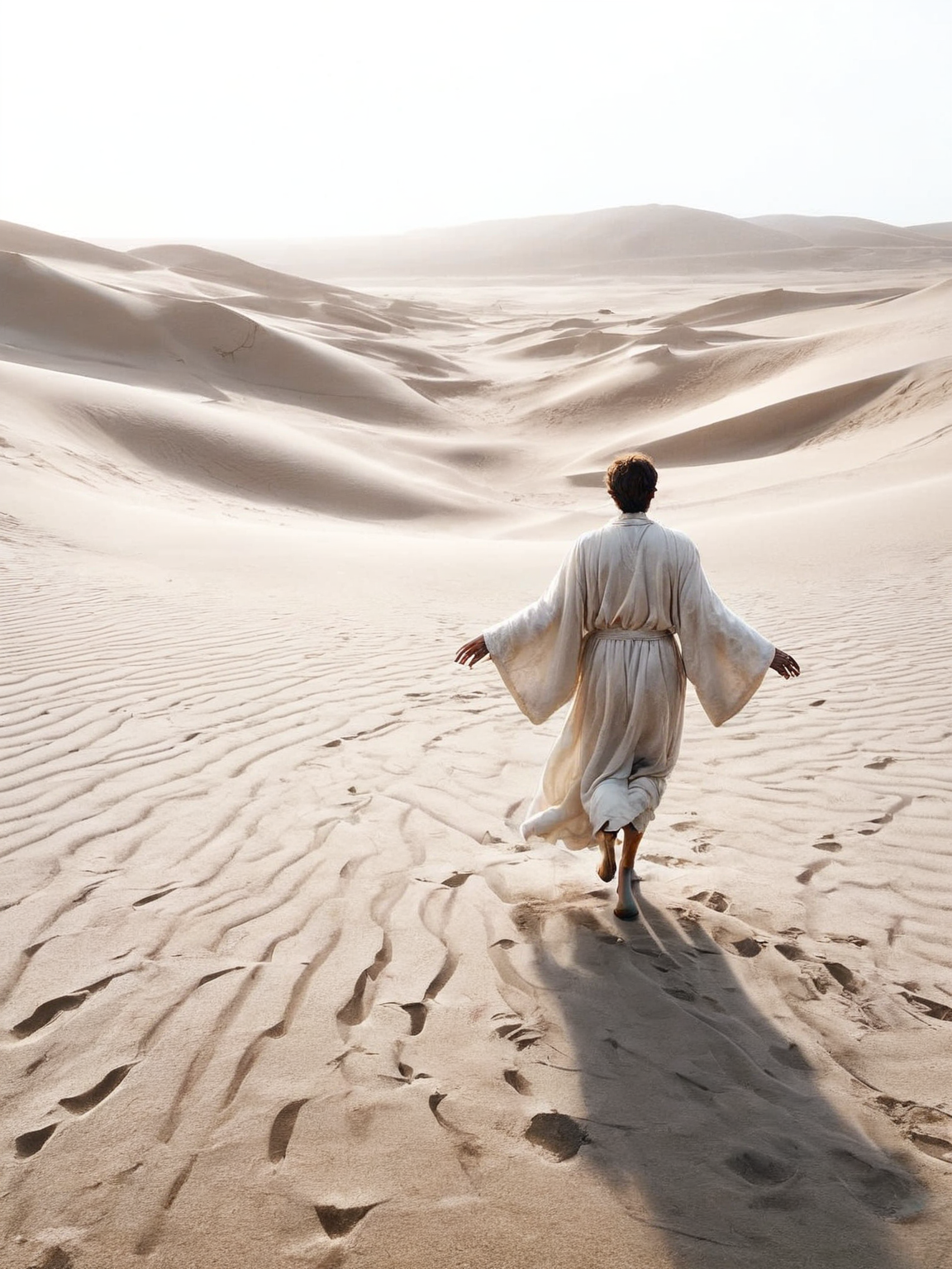 A lone figure draped in white flowing robes walking away from the camera across ais-prchd dunes, a whispered legend come to life <lora:ais-prchd-sdxl:1>