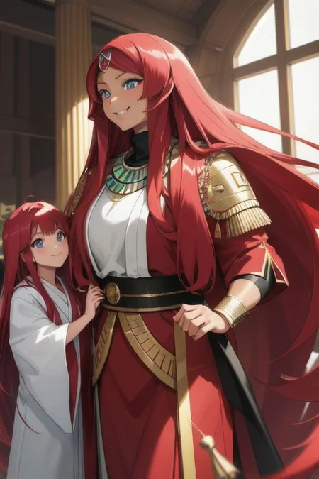 masterpiece, best quality, ultra realistic, 8k uhd, very high quality, extremely detailed face, very muscular Egyptian-Japanese woman walking and holding hands with a very young girl, tall woman and very young girl walking and holding hands, smiling and happy, (extremely dark caramel skin:1), bright blue eyes, absurdly long ruby red hair, super long ruby red hair, muscles, city environment
