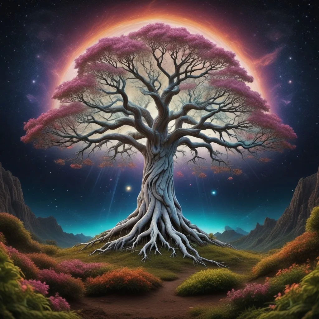 white huge tree grows from the black hole in the center of galaxy, fluorescent leaves, white glowing bark, alien colorful planets grow on branches of the tree, life energy flows through the roots of the tree, space, cosmic scenery, clouds of cosmic dust around, black background, hyperrealistic, photorealistic, atmospheric scene, depth of field, 8k quality, extreme detailed, colorful, award-winning masterpiece, abstract beauty