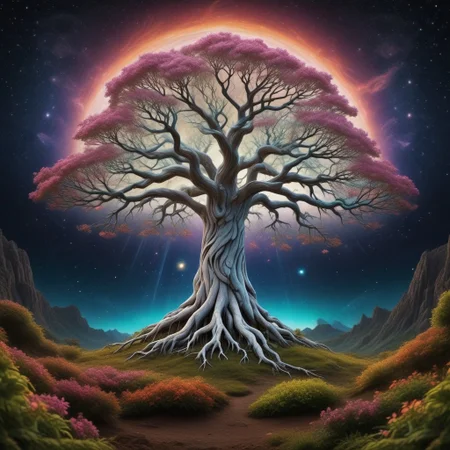 white huge tree grows from the black hole in the center of galaxy, fluorescent leaves, white glowing bark, alien colorful planets grow on branches of the tree, life energy flows through the roots of the tree, space, cosmic scenery, clouds of cosmic dust around, black background, hyperrealistic, photorealistic, atmospheric scene, depth of field, 8k quality, extreme detailed, colorful, award-winning masterpiece, abstract beauty
