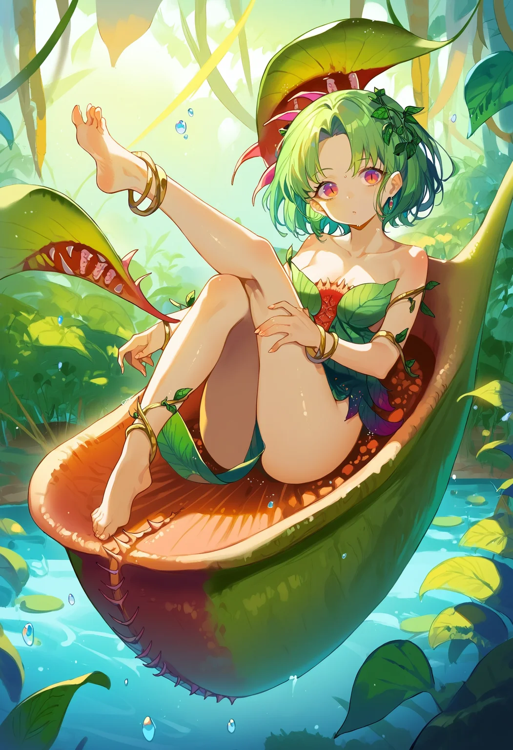 score_9, score_8_up, score_7_up, score_6_up, source anime,
pitcher plant, saccophyte, 1girl, anklet, ass, bare shoulders, barefoot, carnivorous plant, collarbone, eyebrows, fingernails, full body, gradient, green hair, jewelry, knees up, leaf, leg up, light particles, looking at viewer, medium breasts, monster girl, personification, plant, plant girl, sidelocks, sitting, slit pupils, solo, vines, water drop
<lora:monmusu_plant_girl_v13:1>