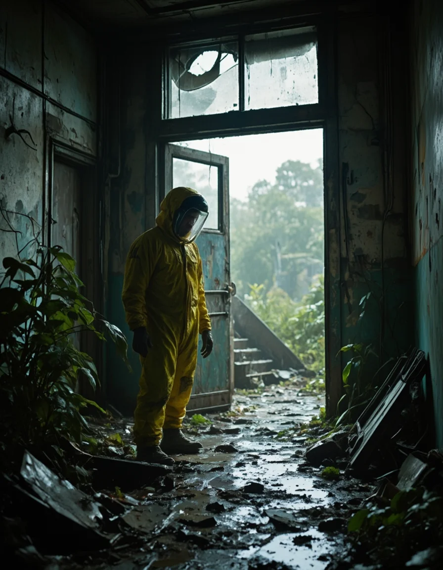 <lora:SWL_Stations1v2flux:1> loststin, indoors, dark, door, station, messy, wet, lost, sunlight, mist, stairs, skylight, office, sun shades, under a broken dome, dirty yellow chemical risk protection suit dressed man, cyberpunk, photo, shattered, cracked walls, collapsed, vegetation, dirty,