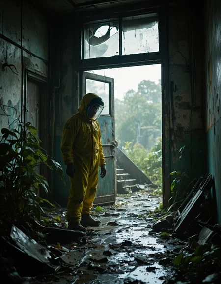 <lora:SWL_Stations1v2flux:1> loststin, indoors, dark, door, station, messy, wet, lost, sunlight, mist, stairs, skylight, office, sun shades, under a broken dome, dirty yellow chemical risk protection suit dressed man, cyberpunk, photo, shattered, cracked walls, collapsed, vegetation, dirty,