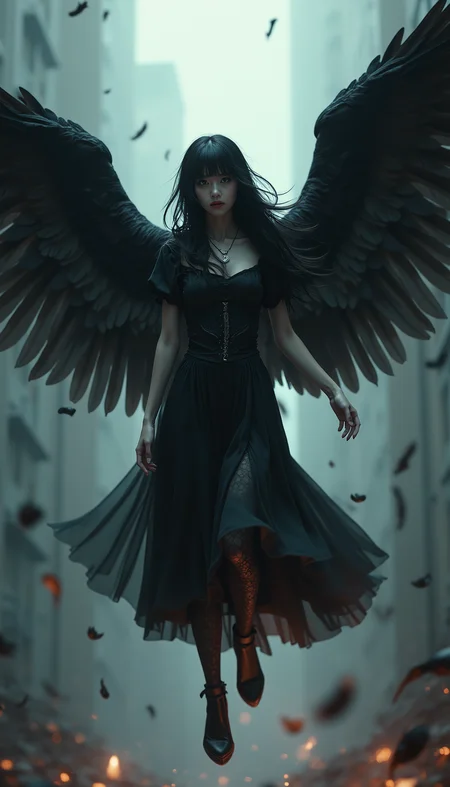 realistic, realism, raw, photorealistic, Best Quality, soft lighting, detailed face, detailed, fantasy, 1girl, dark angle, black angle wings, black hair, full body, floating, feathers around, destruction