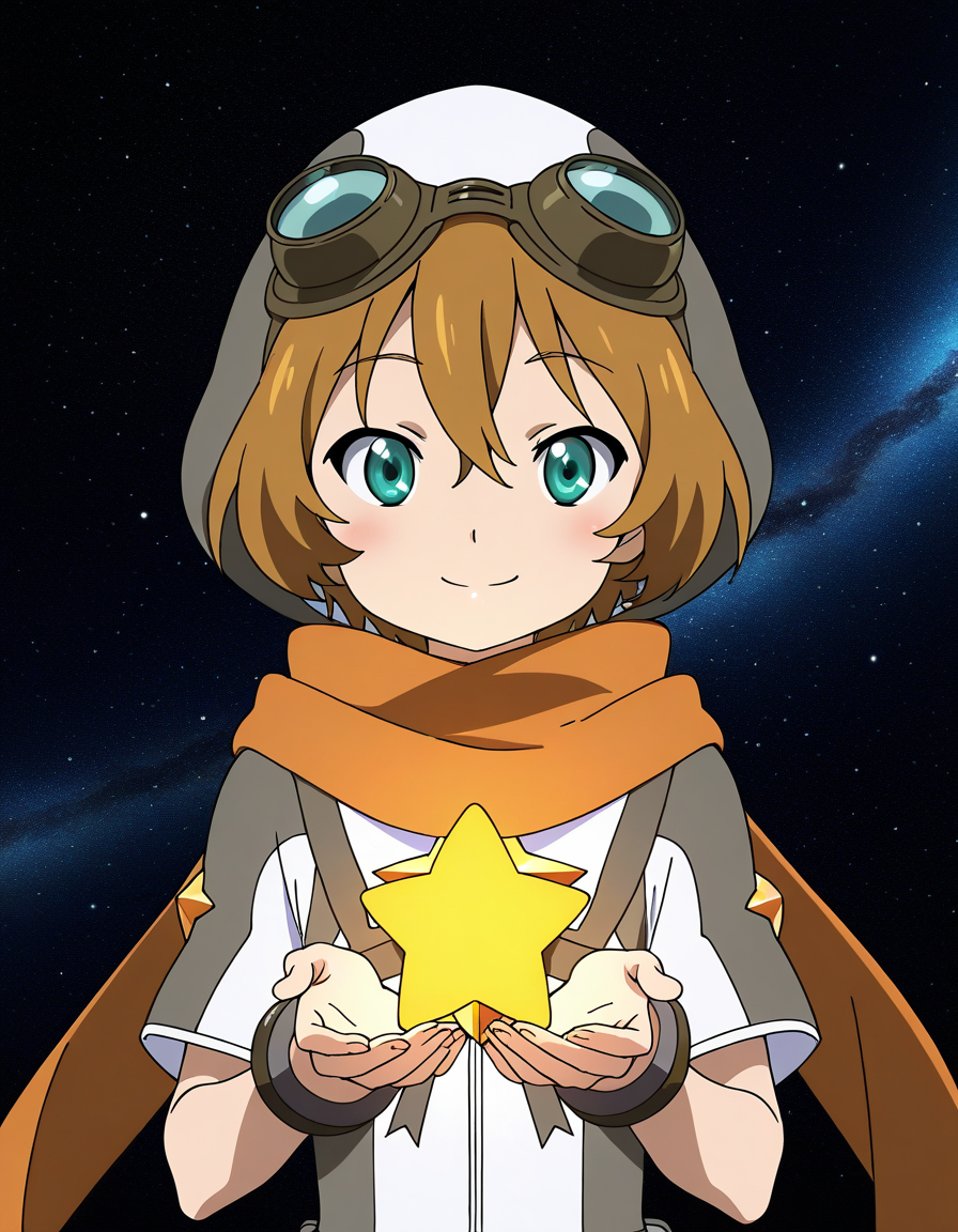 general,highres, ultra-detailed,very aesthetic,best quality ,best hands,  BREAK <lora:Elnath_Houkago_no_Pleiades_IS:1> Elnath(Pleiades), 1boy,solo, scarf, goggles, brown hair, goggles on head, short hair, aqua eyes, star (symbol), hat, anime coloring,
1girl, solo, space, 
orange scarf, upper body, hood, looking at viewer, personification, 
smile,
