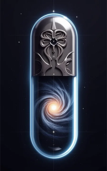 YFG-SRS, Highly detailed image of a synapse galaxy in space, ethereal, delicate, grim, encapsulated inside of a crystal pill, extremely high quality image, HDR, fantasy, photo Centered in Perfect Composition, Complex Details Showing Unique and epic Elements, Very Detailed Digital Painting, Dramatic Lighting, Very Realistic, dark space, dark fantasy.