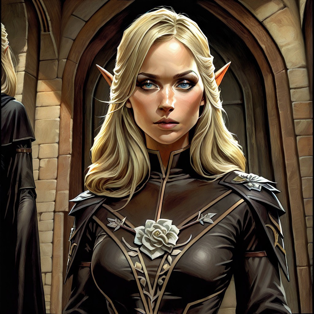 masterpiece, best quality, newest, absurdres, highres, Cedric-Peyravernay-D4/Dishonored-Art-V1.0, solo, solo focus, female focus, 1girl, elf, blonde, long hair, armor, robe, black robe,
