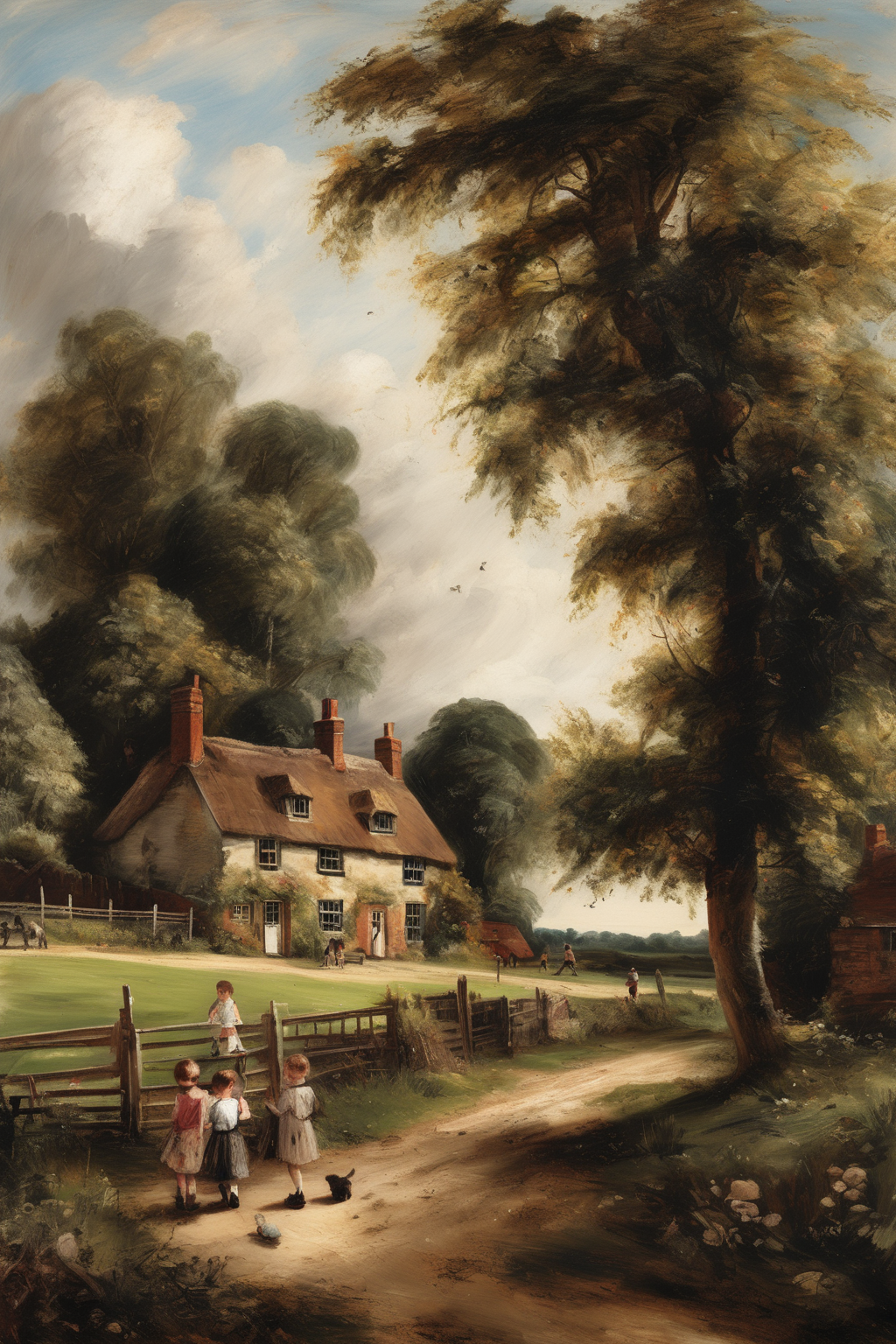 John Constable Style - A landscape painting in the style of John Constable, highlighting a quiet rural scene on a warm summer afternoon with children playing near a farmhouse.