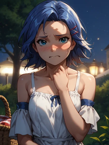 (upper body, solo focus:1.2) <lora:happy_tentacle-junko-v0.2:1>, ht_junko, blue hair, blue eyes, (petite:1.2), <lora:Shed_The_Skin's StS_age_slider_v1_initial_release:-1> ( (detached sleeves :1.1) :1.1) (perky breasts:1.2) ( , , (embarrassed :1.2) , (wavy mouth:0.8) , (looking at another:1.2) :1.1) outdoors, vegetation, (overgrown :1.1), , (night, night sky :0.6), (blue sky:0.6) , ((sidelighting:0.5), (light rays, light particles:0.5) :0.5), , ( :0.9), picnic, (picnic basket:0.8), (sundress:1.2) ( :0.8) score_9, score_8_up, score_7_up, score_6_up, score_5_up, score_4_up, ( [(realistic, photorealistic:1.3):(realistic:1.2):14] [(3d:1.2)::12] [:anime coloring:10] :1) <lora:LUUNA's Lunas-NijiJourney-SDXL-B2:0.35>, nijijourney <lora:prgfrg23's Counterfeit-V3.0 Style SDXL_LoRA_Pony Diffusion V6 XL:0.6> <lora:mfcg's mfcgXL:0.12> <lora:reweik's gyokai(himehajime)_PonyXL_style_v01:0.14>