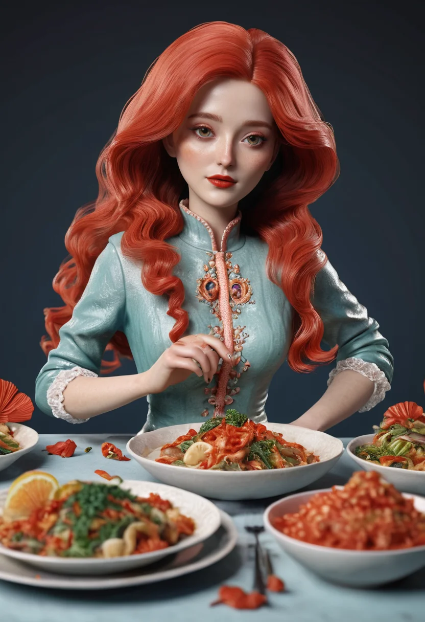 Poppy from England, long (waist-length:1.2) windblown [auburn:coral:.3] hair, 3D render table full of delicious dishes, woman in intricate clothing
<lora:3DNextGen_JRPG_KMMO_Dim32:1>