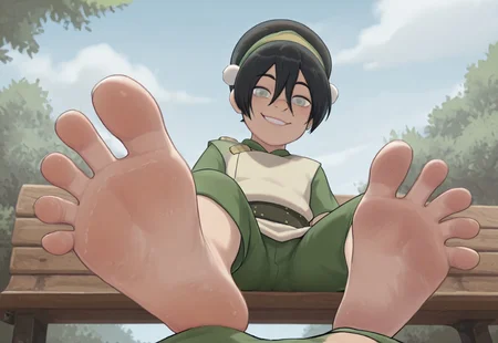 safe_pos, score_9_up, score_8_up, score_7_up, SulSum Style, perfect, perfection, perfect style, skin texture style, outdoors, sitting on asian style park bench, outdoors, from below, looking at viewer, footworship, feet, soles, toes, (((5 toes))), pov feet, pov, feet filling frame, foreshortening, (((foot focus))), teasing smile, 1girl, (((solo))), toph, bangs, black hair, blind, grey eyes, hair between eyes, hair bun, hairband, short hair, short sleeves, tunic, chinese clothes, baggy capri pants, dirty feet, [icecake,ursica,kamue,ririko,vvd::0.5]