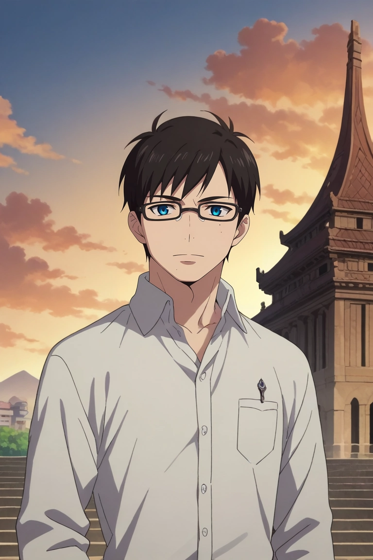 score_9, score_8_up, score_7_up, source_anime, rating_safe, intricate details, anime screencap, anime coloring, official style, looking at viewer, , 1boy, solo, male focus, <lora:yukio_okumura_pony:0.84>, yukio_okumura, black hair, blue eyes, mole, mole under eye, glasses, black-framed eyewear, floating temple, cloud pillars, sky bridges, wind chimes, worship pose, serene expression, sunrise, , <lora:sdxl_lightning_8step_lora:1>