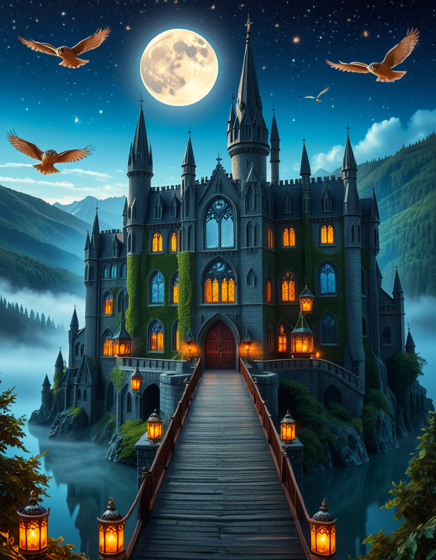 A majestic, ancient castle perched on a rocky hill, serving as a prestigious school for young wizards. The castle is a grand structure with towering spires, intricate gothic architecture, and large stained-glass windows that glow with magical energy. The stone walls are covered in ivy, and enchanted lanterns float around the entrance, casting a soft, mystical glow. A massive wooden bridge leads to the main gate, suspended over a misty, enchanted lake that reflects the moonlight. In the background, rolling green hills and dense, fog-covered forests surround the school, adding an air of mystery. The sky is a deep twilight blue, with stars twinkling and a full moon shining brightly. Some windows in the castle emit warm, golden light, hinting at classrooms filled with spellbooks and students practicing magic. A few owls are seen soaring above, delivering messages. The atmosphere is magical, mysterious, and full of wonder, as if the castle itself is alive with enchantments.
<lora:SDXLFaeTastic2400:0.4> <lora:extremely_detailed:0.4> extremely detailed, <lora:ancient_c4stl3:1>,ancient c4stl3, Masterpiece,best quality,hi res,8k,hi res,8k,award winning,(sharp focus, intricate, highly detailed),