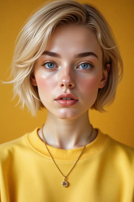 Close-up shot of a young woman with short, messy blonde bob hair, striking blue eyes, and delicate freckles across her cheeks. She wears bold yellow eyeshadow that matches her oversized yellow sweatshirt. Her full lips are slightly parted, showcasing a natural glossy texture. A thin gold necklace with a small pendant adorns her neck. The warm yellow background creates a monochromatic aesthetic, emphasizing the vibrancy of her features. Soft, diffused lighting accentuates skin details and textures, as if illuminated by a gentle sunbeam. Shot in 8K resolution, with hyper-realistic detailing, cinematic color grading, and a soft depth of field that blurs the background, drawing focus to her captivating visage.,future enchantress