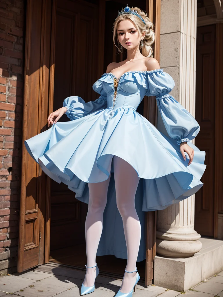 score_9,score_8_up,score_7_up,best quality,realistic,photograph BREAK 1girl,blue (princess dress),<lora:princess_dress-PD-1.0:1>,off shoulder,puffy sleeves,big breasts,detailed legs,bare feets,white pantyhose,shoes,dutch angle,<lora:mega_twintails-PD-1.0:1>,MEGA TWINTAILS,