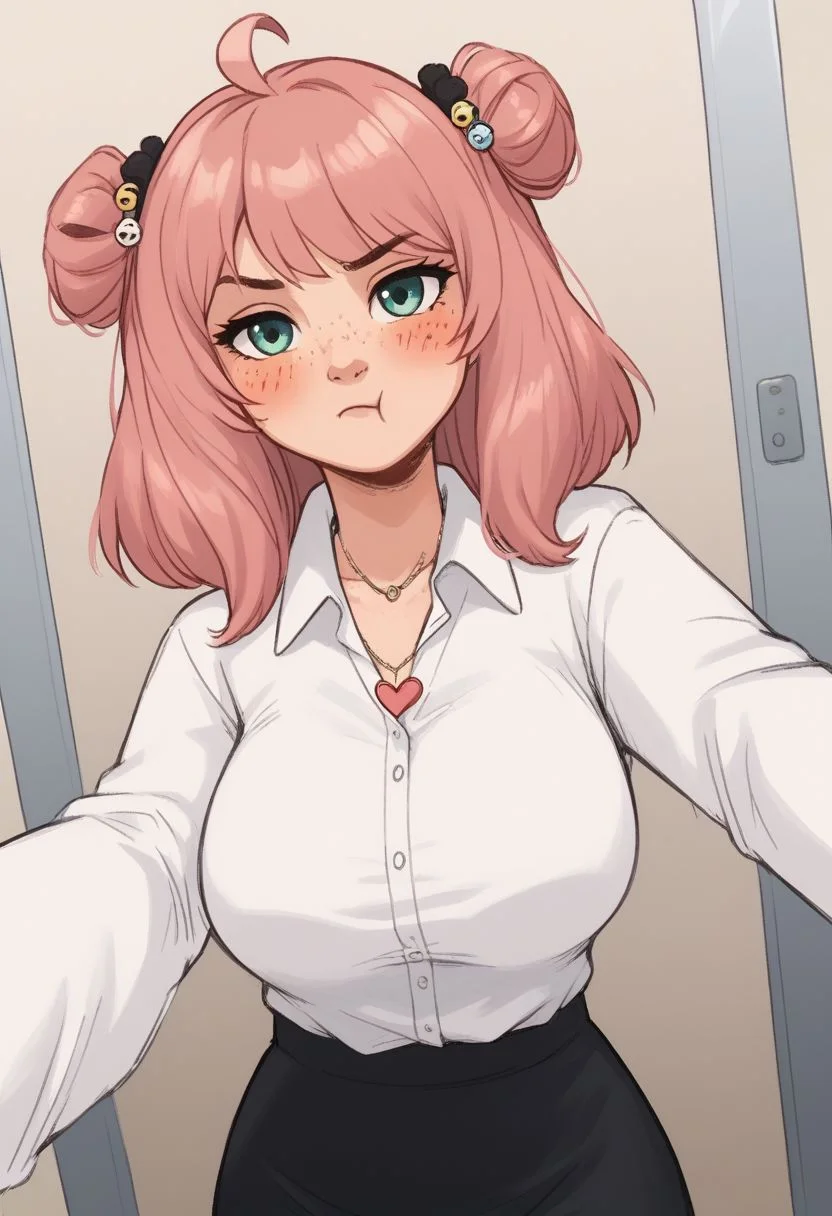 score_9, score_8_up, score_7_up, 1girl, solo, waiting, elevator scene, beautiful petite short cute european girl, anya forger, anya forger, bangs, green eyes, pink hair, ahoge, hair ornament, hairpods, adult, with (big saggy breasts:1.1)), shirt, long sleeves, dress, white shirt, collared shirt, black pencil skirt, breasts inside clothing, blushing expression, in bathroom, hotel bathroom, cozy lights, detailed background, ((taking a selfie, phone, selfie:1.35)), pout, :t, closed mouth, ((freckles alll over body:1.2)), blue eyes, heart necklace, cute, wide shot, legs,