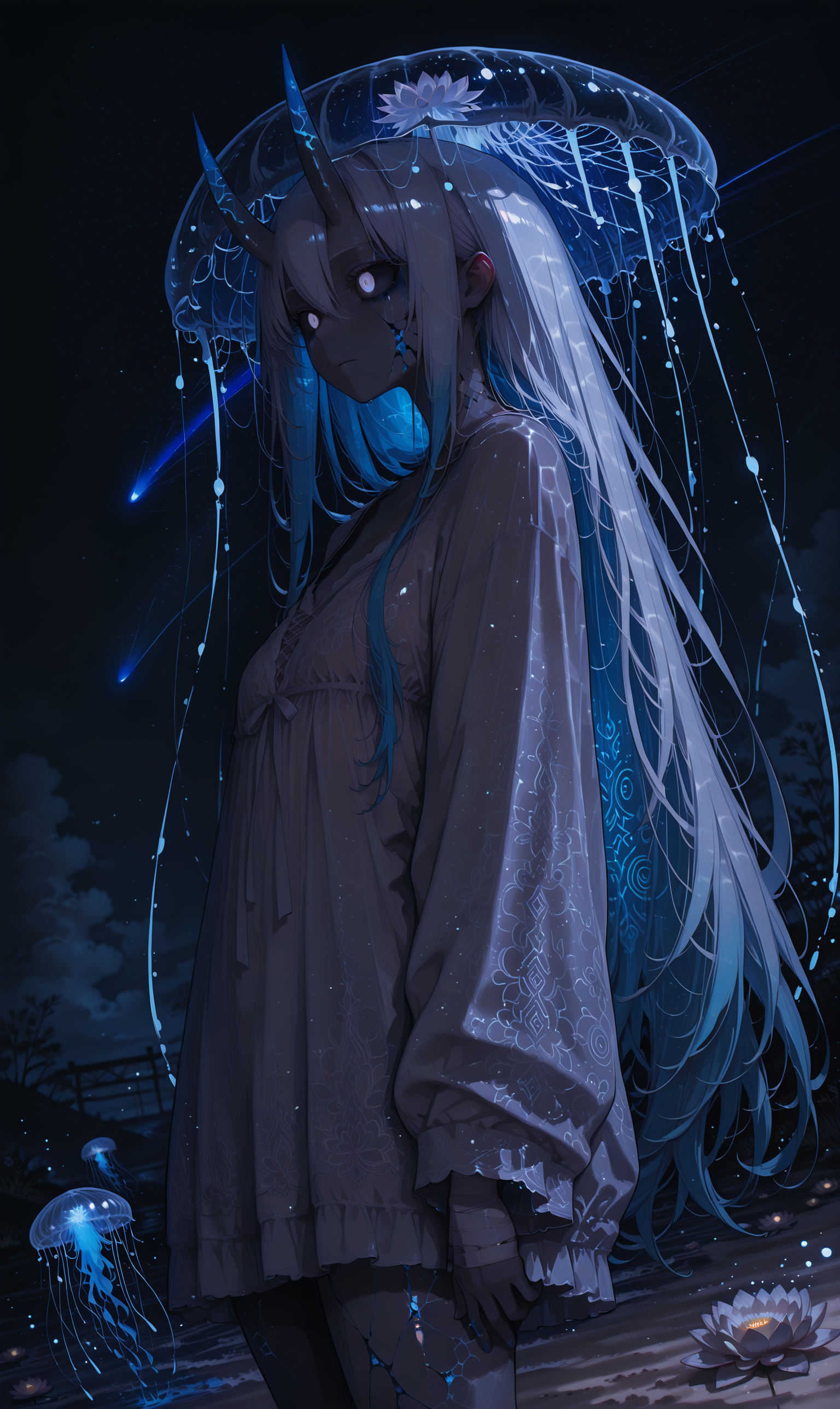 highly detailed, perfect shadow, masterpiece, best quality, perfect hands, white clothes, fog, long sleeves, white hair,  glowing, glowing particles, light particles, blurry edges, foreshortening, chromatic aberration, void, shiny hair, calligraphic patterns, magic light, apotheosis, contrast, black sclera, white eyes, glowing eyes, white lotus, comet, very long hair, multicolored hair, blue hair, blue blood from eyes, bandaged arm, bandages, nightgown, standing, silver jewelry, oni horns, Empty eyes, cracked skin, standing, endless horizon, white sand, flying jellyfish, flying fish, neon algae, neon lights, star \(sky\), night,  grey skin, glowing threads, underwater, air bubble, close-up, solo, portrait, <lora:DK_glowing_style:0.7> ,<lora:aosiai123_style:0.7> , <lora:B-mixxxlora:0.8>, <lora:MeMax5-noob-vpred:0.8>, <lora:darkness_xl_v20:0.55>