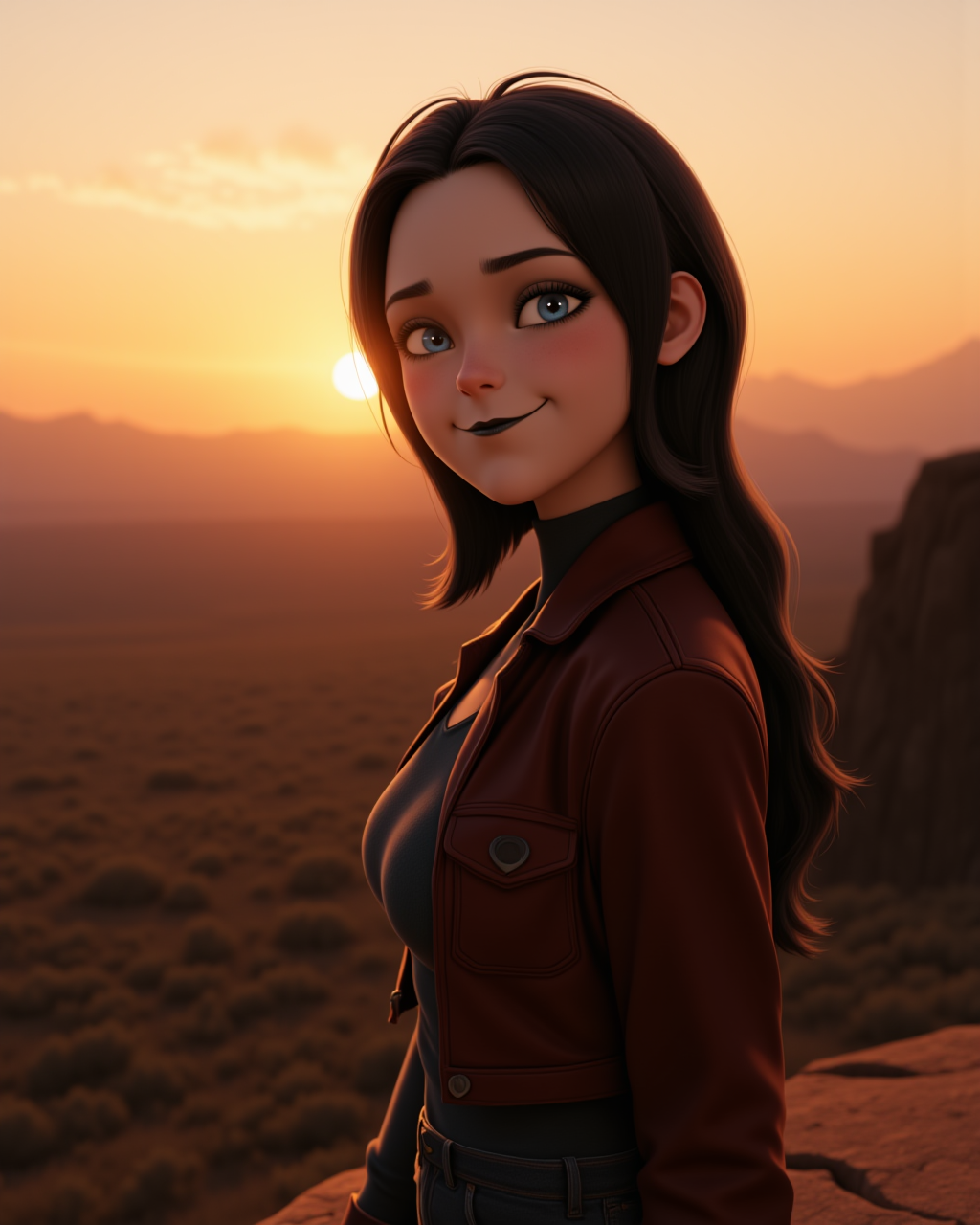 cowboy shot, looking at viewer, outdoors daylight, Content with a soft smile, relaxed eyes, and a peaceful demeanor radiating calm.
A woman stands on the edge of a cliff at sunrise, watching the first light of the day stretch across the horizon as the world below remains still and quiet. in a dynamic pose
<lora:Hotel_Transilvania_-_Mavis_v2-000030:1> ht-mavis a 20 year old adult woman with blue eyes and black hair. In her iconic outfit