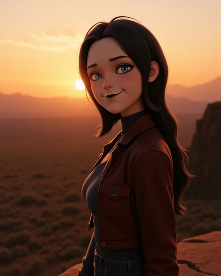 cowboy shot, looking at viewer, outdoors daylight, Content with a soft smile, relaxed eyes, and a peaceful demeanor radiating calm.
A woman stands on the edge of a cliff at sunrise, watching the first light of the day stretch across the horizon as the world below remains still and quiet. in a dynamic pose
<lora:Hotel_Transilvania_-_Mavis_v2-000030:1> ht-mavis a 20 year old adult woman with blue eyes and black hair. In her iconic outfit