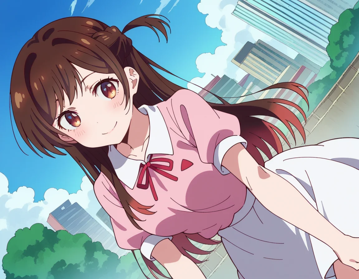 score_9, score_8_up, score_7_up, source_anime,
chizuruichinose, <lora:chizuru-ichinose-s1-ponyxl-lora-nochekaiser:1>,
chizuru ichinose, long hair, bangs, brown hair, brown eyes, one side up,
skirt, shirt, short sleeves, puffy sleeves, puffy short sleeves, white skirt, pink shirt,
outdoors, cityscape, smile, bent over,
looking at viewer, cowboy shot, solo, dutch angle,