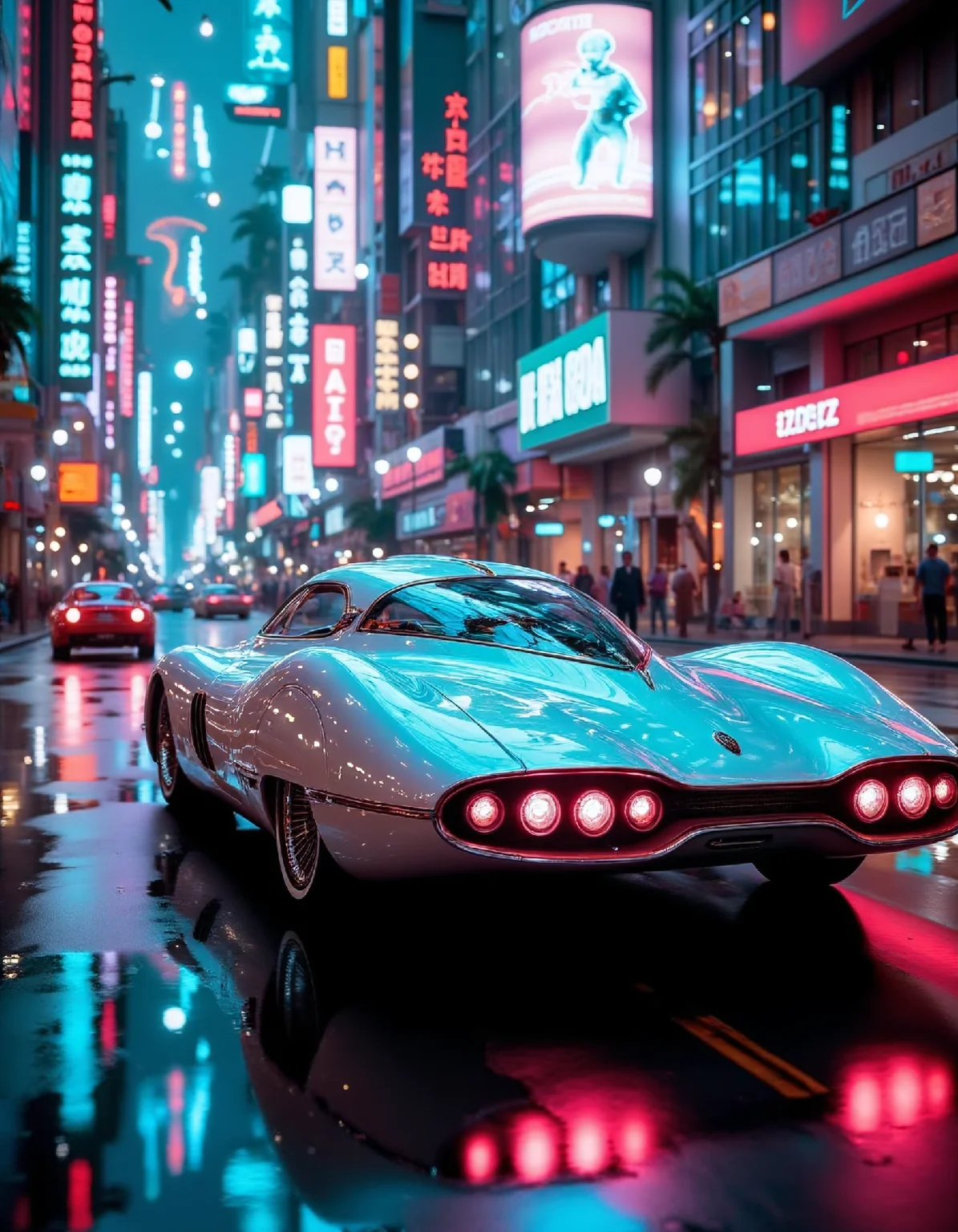 A sleek, silver sports car with glowing blue accents, viewed from behind as it speeds down a neon-lit futuristic street. The car's aerodynamic lines are emphasized by the blurred motion of the background. Rain streaks the panoramic rear window, reflecting the vibrant cityscape. The street is crowded with flying vehicles and holographic advertisements. The lights of the city create a soft, dreamy bokeh effect in the background. Focus on the car's intricate taillights and the pulsing energy of its engine.