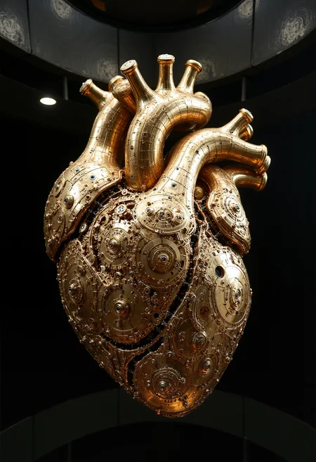 A human heart, crafted entirely from intricate clockwork gears and cogs, beats rhythmically in the center of a darkened chamber. The gears, made of polished brass and shimmering silver, rotate and mesh with precision, their movements creating a mesmerizing dance of light and shadow. Delicate springs and levers, mimicking the valves and arteries of a real heart, pulse with each beat. The chamber is filled with the soft ticking and whirring of the clockwork mechanism, a symphony of mechanical life. This image captures the beauty and complexity of the human heart, reimagined as a marvel of clockwork engineering, a testament to the delicate balance between life and machine.