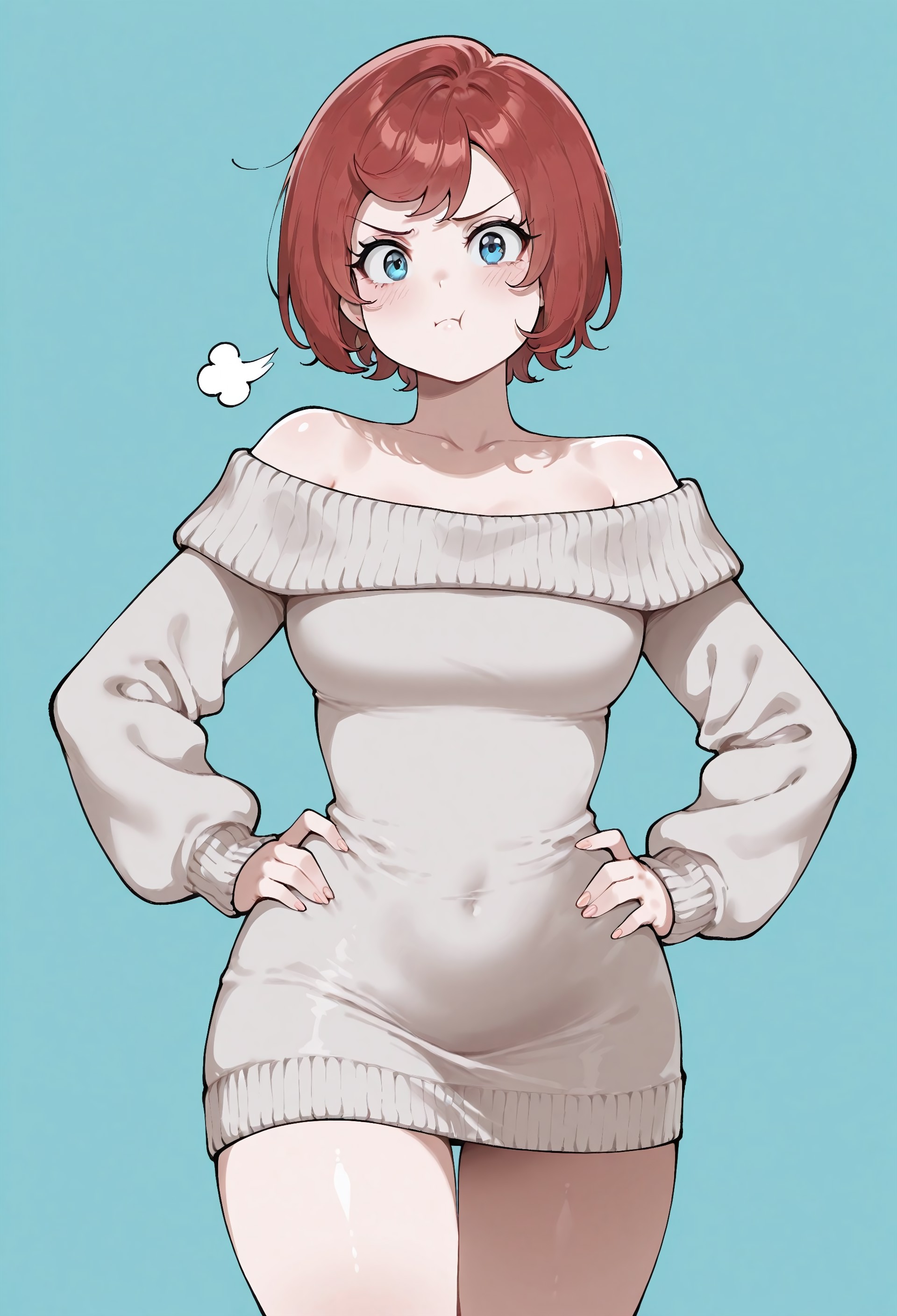 masterpiece, best quality, amazing quality, absurdres,

sw3at3r_1ady, 1girl, solo, red hair, short hair, swept bangs, blue eyes, collarbone, medium breasts, hite sweater, off- shoulder sweater, sweater dress, long sleeves, brown footwear, ugg boots,

pout, :T, puff of air, standing, hands on the hips, cowboy shot, looking at viewer, simple background, aqua background,
