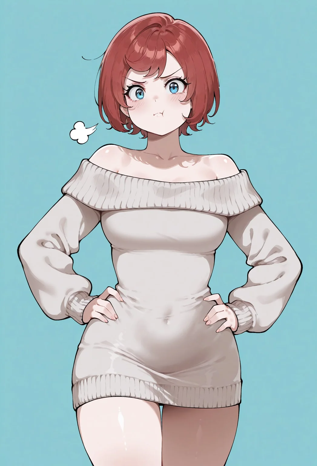 masterpiece, best quality, amazing quality, absurdres,
sw3at3r_1ady, 1girl, solo, red hair, short hair, swept bangs, blue eyes, collarbone, medium breasts, hite sweater, off- shoulder sweater, sweater dress, long sleeves, brown footwear, ugg boots,
pout, :T, puff of air, standing, hands on the hips, cowboy shot, looking at viewer, simple background, aqua background,