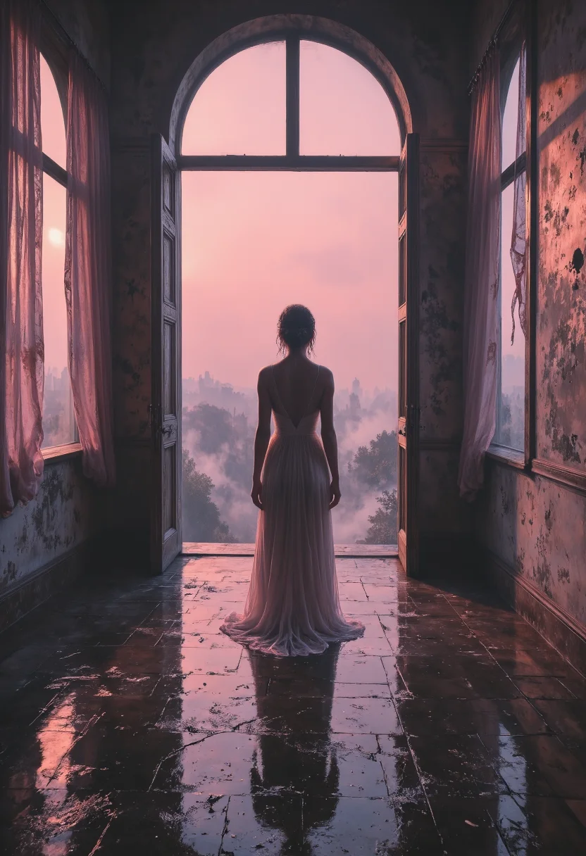 A wide-angle cinematic portrait of a solitary woman standing in the open doorway, silhouetted against the first pale light of dawn. The flooded floor reflects her tall, statuesque form and the arched, peeling walls around her. The double doors are grimed and fogged and cast a soft, cool pink glow across the room. She stands tall, one hand lightly resting on the doorframe, the other trailing in the shallow water, rippling its surface. A thin, sheer fabric clings to her damp silhouette, catching the rosy dawn shafts and creating gentle highlights along her shoulders and back. Dust motes drift in the air, illuminated by the early light. Tattered curtains frame her on either side, their frayed edges flickering between shadow and soft blush. <lora:Mezzotint_Artstyle_for_Flux_-_by_Ethanar:0.5500000000000002> <lora:SkoolDaze_Portrait_Style-000014:0.5500000000000002> <lora:illustration20FLUX20.XsbF:0.3500000000000001> <lora:cpa.LgFo:0.3500000000000001>