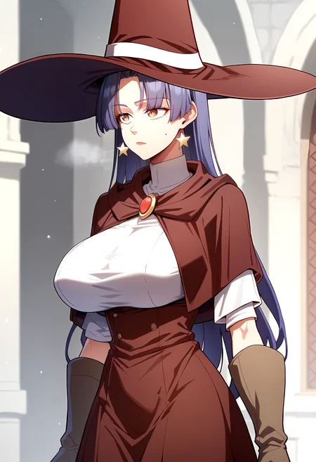 score_9, score_8_up, score_7_up, score_6_up, source_anime, rating_explicit, <lora:neg4all_bdsqlsz_V3.5:2.0>1girl, (solo:1.2), huge breasts, <lora:Heraponyxl:1> red witch hat, long hair, jewelry, star earrings, bangs, purple hair, blue hair, brown eyes, brown gloves, white shirt, brooch, red capelet, red high-waist skirt, expressionless, Narrow shoulders, heavy breathing, steaming body, castle, outdoor, walking, close-up