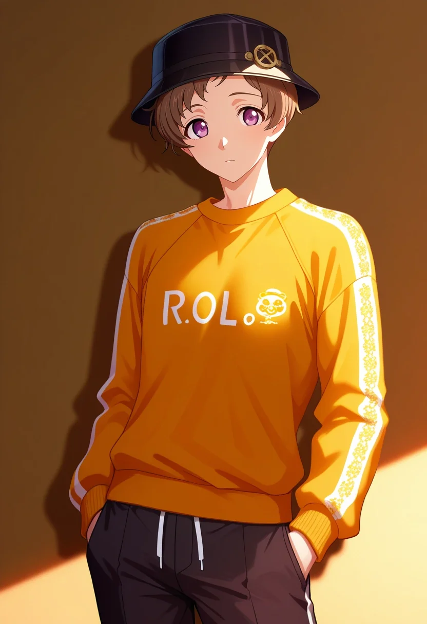 masterpiece, best quality, intricate details, , looking at viewer, 1boy, solo, male focus, <lora:rolo_lamperouge_ilxl:0.92>, rolo_lamperouge, brown hair, purple eyes, short hair, aged up, , , Seersucker pants, Mosaic Track sweatshirt, , Pork pie hat, and