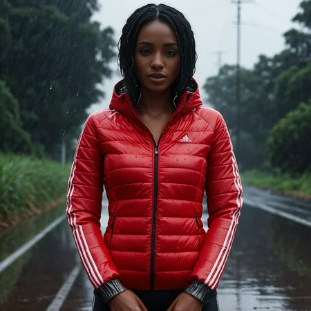 (dark cinematic still, dark vibes) sexy slim skinny one african women ,unique, wearing a hooded red and silver from high collar and tsh cuffs black adidas_puffer_jacket, unique hair styles, 8k uhd, dslr, high quality, photorealistic, realism, hyperrealism, ((heaving rain water droplets wet scene))
<lora:adidas_puffer_jacket_v1:0.6> <lora:add-detail-xl:3>