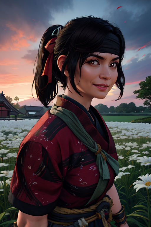 Yuna, black ponytail, 
solo, upper body, smiling,  standing,  facing viewer, 
red kimono,  black headband, 
13th century Japan, fields,  flowers, windy, 
 (insanely detailed, beautiful detailed face, masterpiece, best quality) cinematic lighting, 
 <lora:Yuna:0.7>