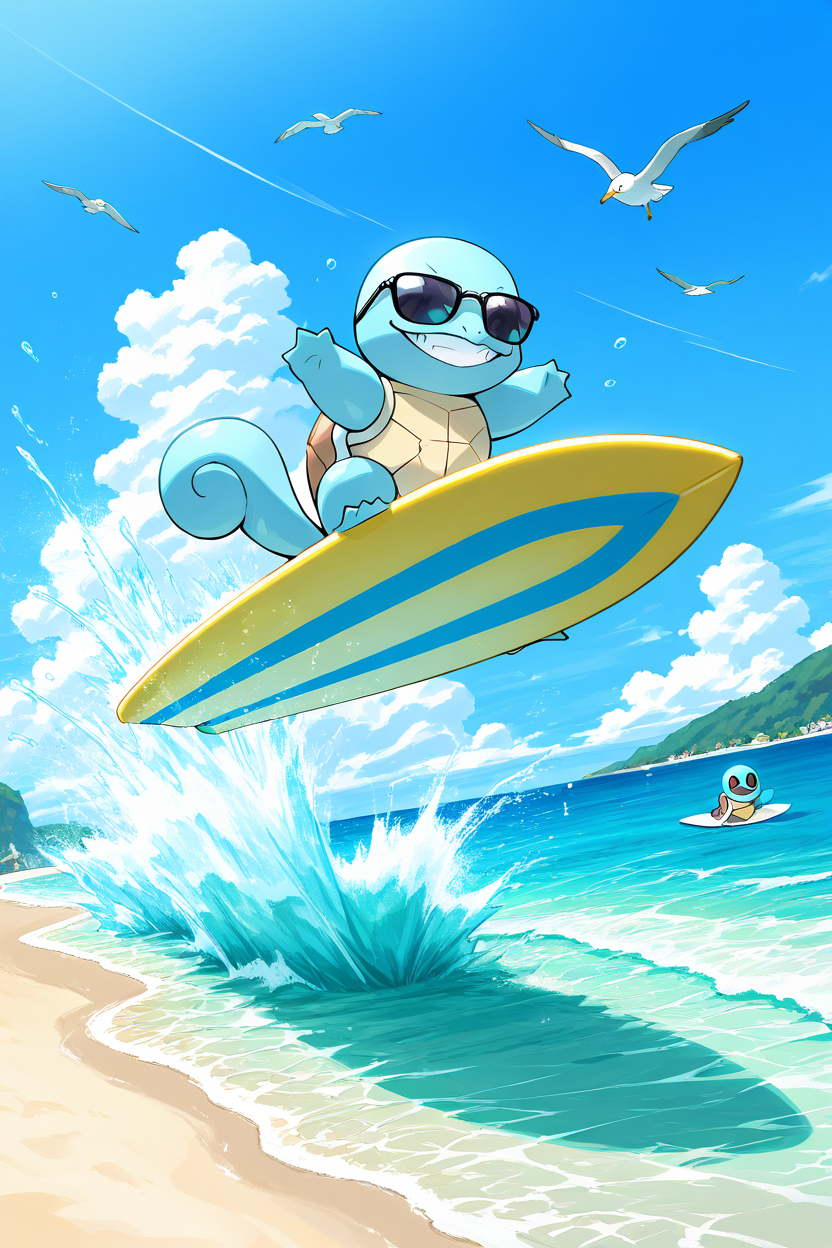 masterpiece, best quality,   <lora:SquirtlePokedexIXL:1.0>,   zzSquirtle, surfboard, riding a massive wave, tropical ocean, sunglasses, casual grin, beach in the distance, seagulls flying, water spray, extreme sports, sunny day