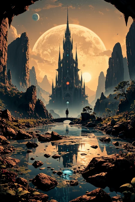 fantasy, space planet, sun, moon, early morning, stars, (big rocks:0.9), (ripples, reflections:0.9), spatial futuristic castle, (small river pond:0.8), space forest, (space village:1.2), (stunning nature aquatic environment:0.8), spaceship, (unknown exotic land:0.9), beautiful space fantasy sci-fi futuristic landscape, (nice alien civilization), (very detailed:1.2), (best quality:1.2), sharp focus, high contrast, cinematic lights, backlight, shadows, (lens flare:0.4), (vibrant colors, colorful):0.7, (Chambray Blue flowers:0.9) and leaves,  <lora:artilands:0.8>  <lora:aidmaImageUpgrader:0.8> aidmaimageupgrader <lora:Anti-Blur:0.8> <lora:Luminous_Shadowscape:0.3>