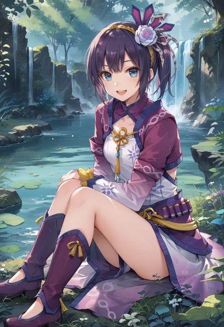 (score_9:0.9),score_8_up,score_7_up,rating_safe,anime style,(zPDXL),<lora:Gobul armor ponyXL v1.2:0.83>,Gobul X gunner armor, white hair ornament, purple knee boots, purple thigh strap, white chinese dress, purple long sleeves, 1girl, solo, purple hair, blue eyes, open mouth, smile, looking at viewer, sitting, short hair rock, waterfall, lake