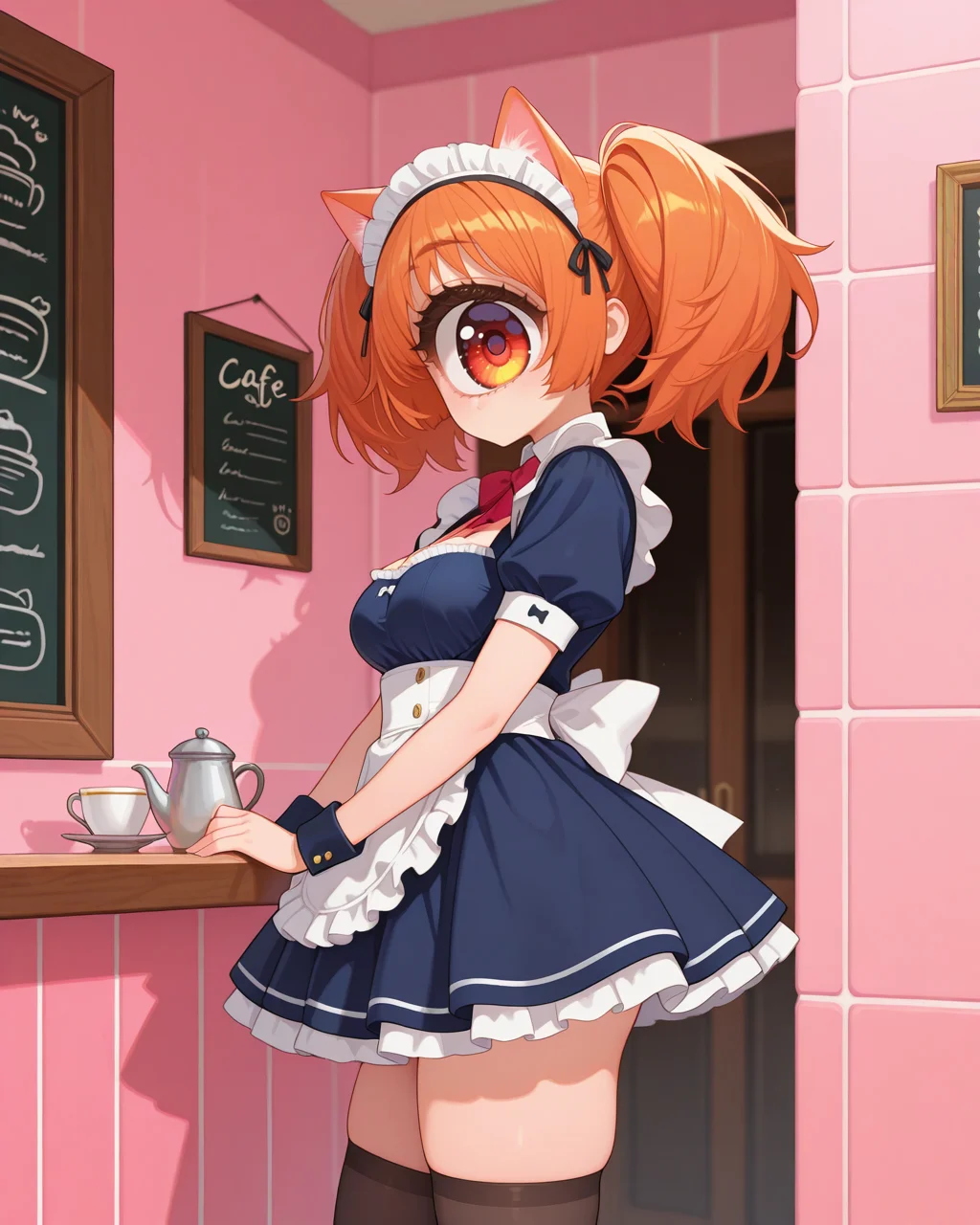 masterpiece,best quality,highres illustration,detailed face,1girl,cowboy shot,from side,<lora:hugeeye_IL:1>,cyclops,cat ears,maid,blue dress,thighhighs,orange hair,twintails,cafe,pink wall,