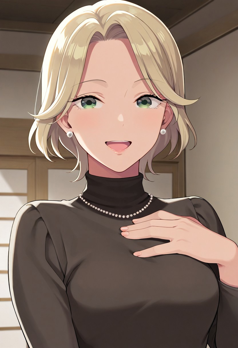 masterpiece,best quality,amazing quality, kudou hazuki, short hair, blonde hair, green eyes, 1girl, solo, jewelry, earrings, smile, indoors, upper body, hand on own chest, open mouth, turtleneck