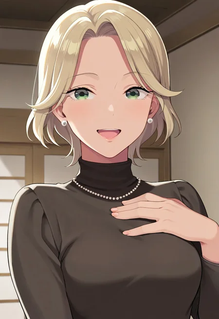 masterpiece,best quality,amazing quality, kudou hazuki, short hair, blonde hair, green eyes, 1girl, solo, jewelry, earrings, smile, indoors, upper body, hand on own chest, open mouth, turtleneck