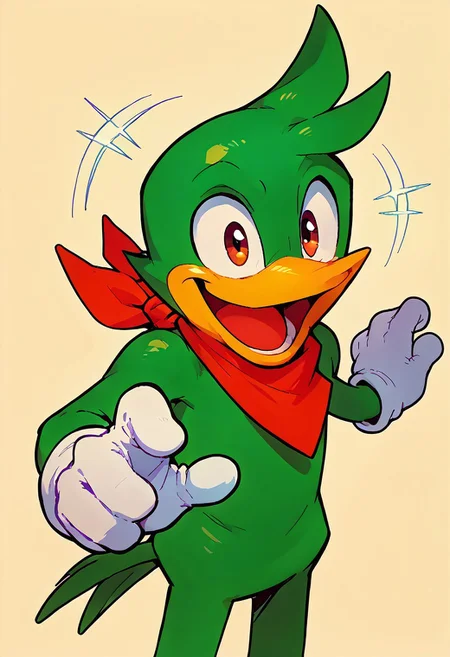score_9, score_8, score_7, score_6, 1man, solo, furry, anthro, anthro bird, source_cartoon, Bean the Dynamite, red neckerchief, green skin, simple background, portrait, white gloves, open mouth, laughing, dynamic pose,