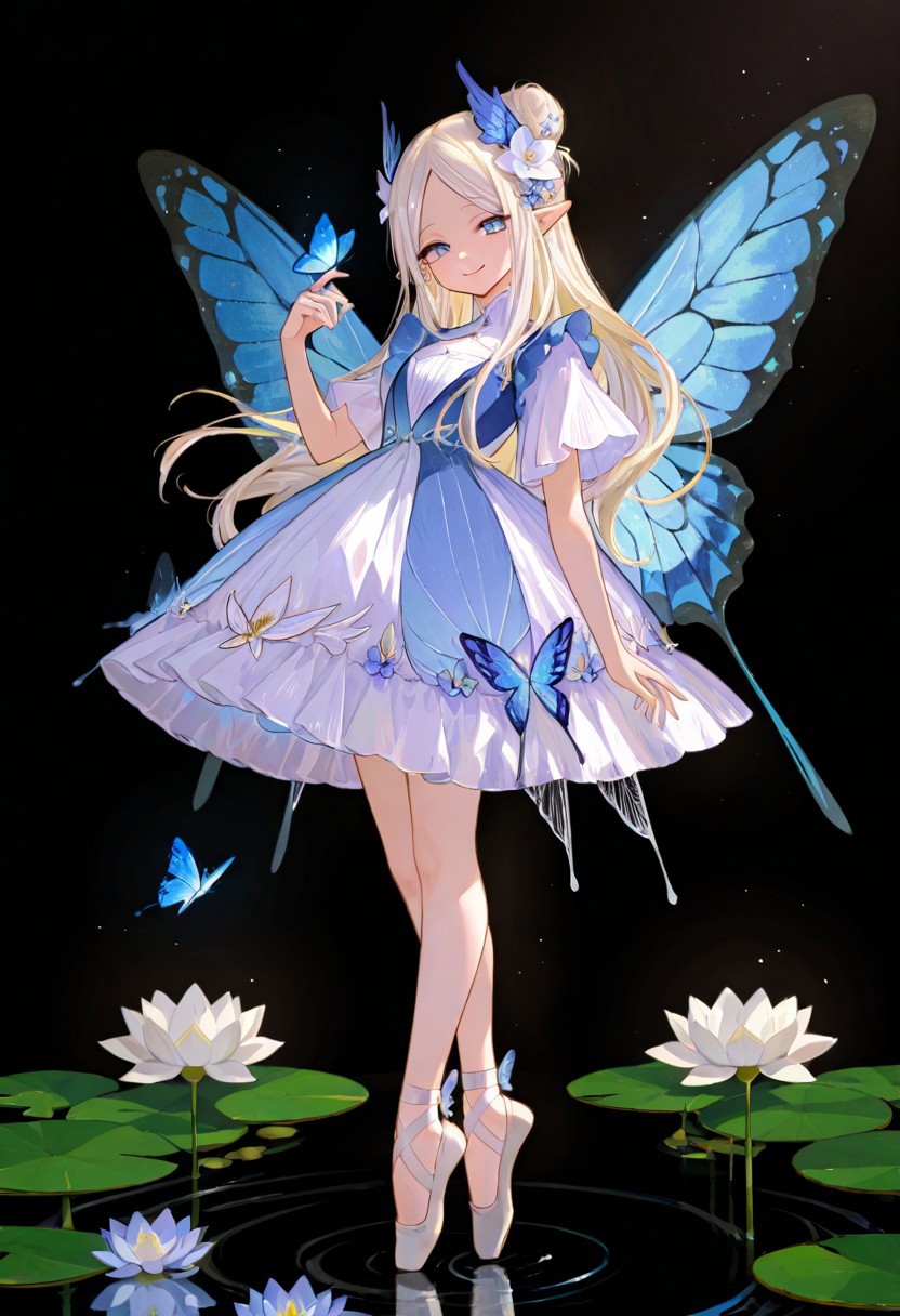 masterpiece, best quality, good quality, very aesthetic, absurdres, newest,1girl, solo, long hair, looking at viewer, smile, blue eyes, blonde hair, hair ornament, dress, closed mouth, standing, full body, white hair, flower, short sleeves, wings, pointy ears, hand up, hair flower, white dress, hair bun, water, high heels, parted bangs, bare legs, blue dress, white footwear, white flower, single hair bun, black background, bug, head wings, butterfly, light particles, blue flower, fairy wings, fairy, tiptoes, dark background, ripples, insect wings, blue butterfly, butterfly wings,  wing hair ornament, lily pad, lotus, butterfly on hand, ballet slippers, glowing butterfly, 748cmstyle